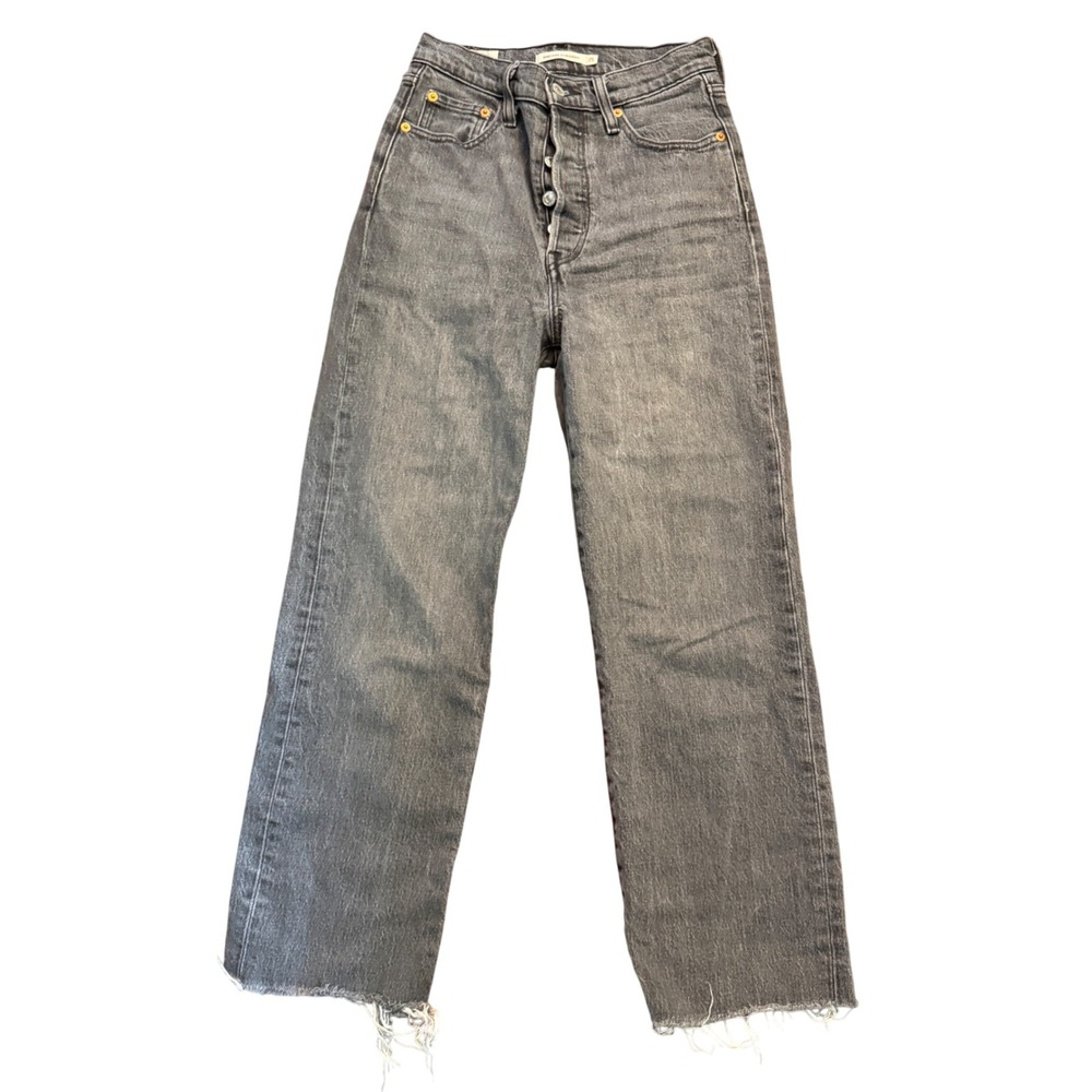 Levis Premium Ribcage Straight Jeans Grey High Rise Raw Hem Button Fly Size 25
